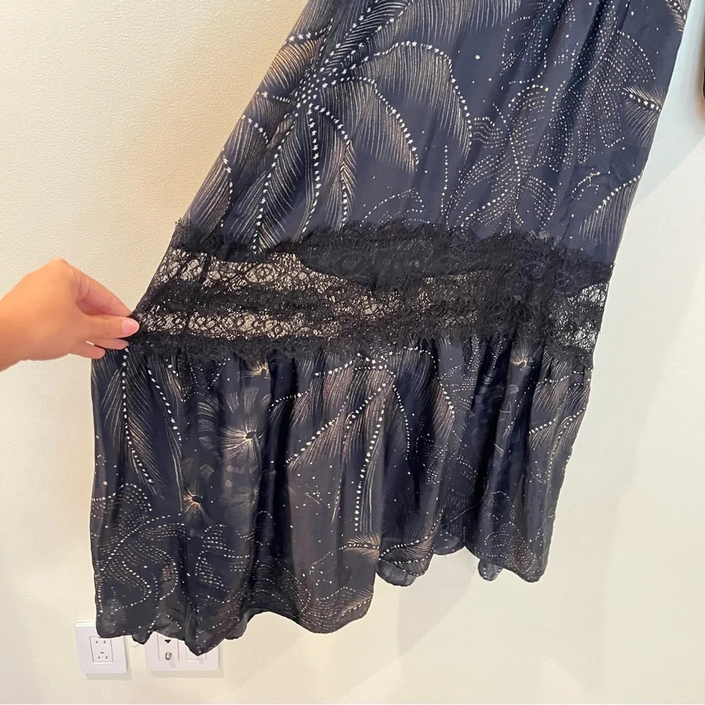 Farm Rio Black Lace Balloon Sleeve V Neck Lightweight Satin Maxi Dress Small - Picture 5 of 9
